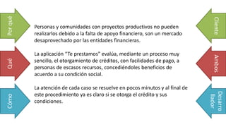 Personas y comunidades con proyectos productivos no pueden
realizarlos debido a la falta de apoyo financiero, son un mercado
desaprovechado por las entidades financieras.
La aplicación “Te prestamos” evalúa, mediante un proceso muy
sencillo, el otorgamiento de créditos, con facilidades de pago, a
personas de escasos recursos, concediéndoles beneficios de
acuerdo a su condición social.
La atención de cada caso se resuelve en pocos minutos y al final de
este procedimiento ya es claro si se otorga el crédito y sus
condiciones.
PorquéQuéCómo
ClienteAmbos
Desarro
llador
 