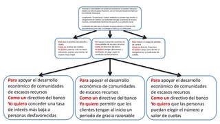 Para que el proceso sea sencillo y
rápido
Como un analista de créditos
Yo quiero capturar solo los datos
relevantes usando una interfaz de
usuario muy simple
Para apoyar el desarrollo económico de
comunidades de escasos recursos
Como un directivo del banco
Yo quiero otorgar descuentos y
facilidades de pago según la
condición socioeconómica
Para reducir el riesgo de pérdida
de cartera
Como un director financiero
Yo quiero apoyo para decidir el
otorgamiento y condiciones de
crédito
Personas y comunidades con proyectos productivos no pueden realizarlos
debido a la falta de apoyo financiero, son un mercado desaprovechado por
las entidades financieras.
La aplicación “Te prestamos” evalúa, mediante un proceso muy sencillo, el
otorgamiento de créditos, con facilidades de pago, a personas de escasos
recursos, concediéndoles beneficios de acuerdo a su condición social.
La atención de cada caso se resuelve en pocos minutos y al final de este
procedimiento ya es claro si se otorga el crédito y sus condiciones.
Para apoyar el desarrollo
económico de comunidades
de escasos recursos
Como un directivo del banco
Yo quiero conceder una tasa
de interés más baja a
personas desfavorecidas
Para apoyar el desarrollo
económico de comunidades
de escasos recursos
Como un directivo del banco
Yo quiero permitir que los
clientes tengan al inicio un
período de gracia razonable
Para apoyar el desarrollo
económico de comunidades
de escasos recursos
Como un directivo del banco
Yo quiero que las personas
puedan elegir el número y
valor de cuotas
 