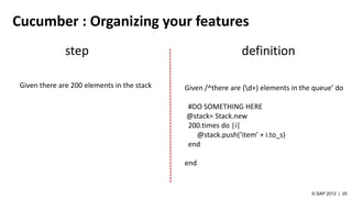 Cucumber : Organizing your features
step definition
Given there are 200 elements in the stack Given /^there are (d+) elements in the queue’ do
#DO SOMETHING HERE
@stack= Stack.new
200.times do |i|
@stack.push(‘item’ + i.to_s)
end
end
 