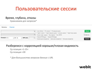 Пользовательские сессии
Время, глубина, отказы
Сравниваем для запросов*
Разберемся с корреляцией хорошая/плохая видимость
Ср.позиция >1-15<
Ср.позиция >30
* Для большинства запросов данные с URL
 