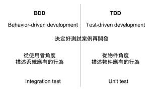 BDD TDD
Behavior-driven development
決定好測試案例再開發
從使用者角度
描述系統應有的行為
Test-driven development
從物件角度
描述物件應有的行為
Integration test Unit test
 