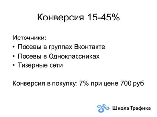 Конверсия 15-45%
Источники:
• Посевы в группах Вконтакте
• Посевы в Одноклассниках
• Тизерные сети
Конверсия в покупку: 7% при цене 700 руб
 