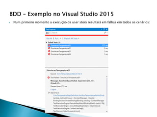  Num primeiro momento a execução da user story resultará em falhas em todos os cenários:
 