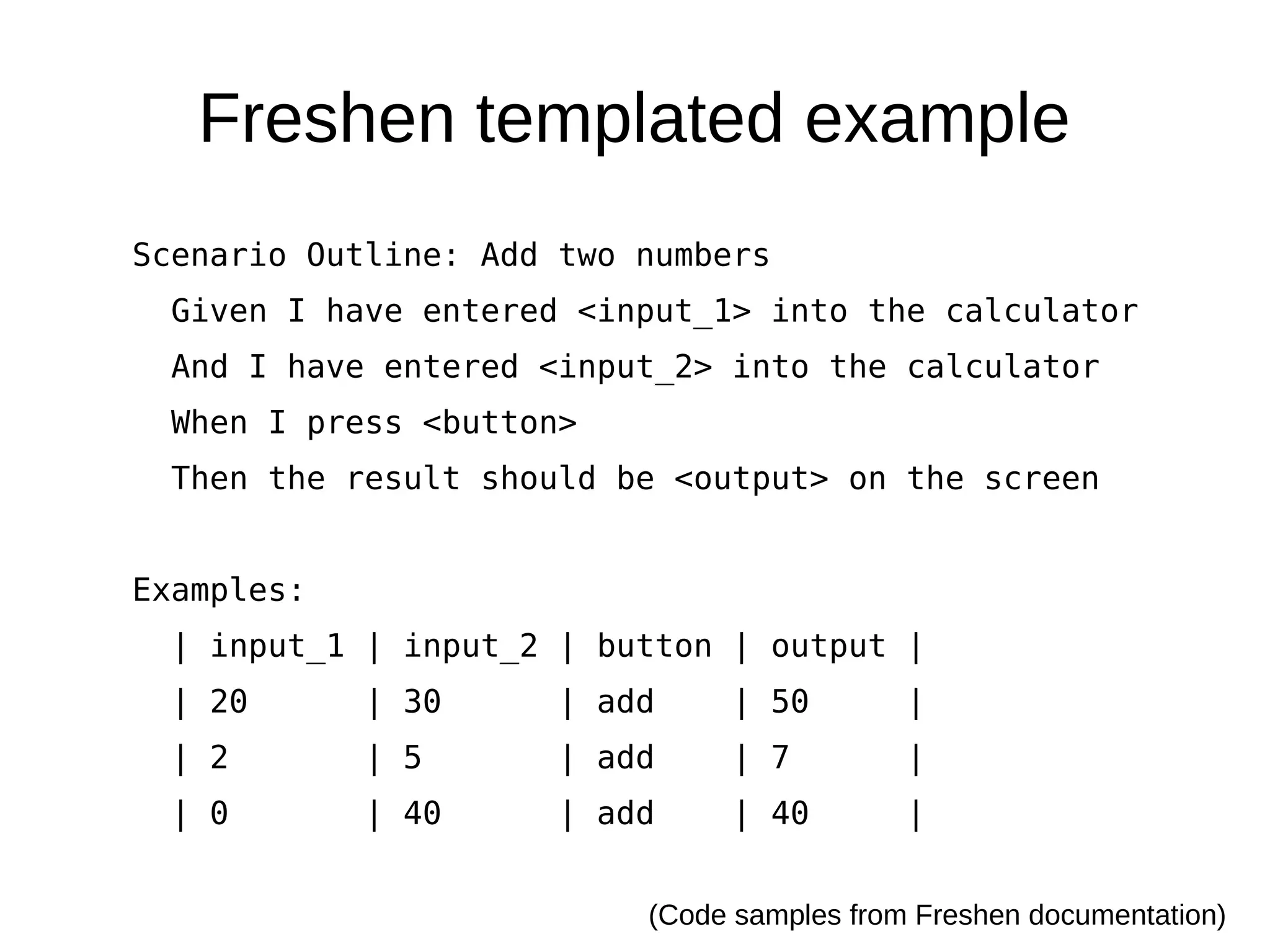 Freshen templated example
Scenario Outline: Add two numbers
  Given I have entered <input_1> into the calculator
  And I have entered <input_2> into the calculator
  When I press <button>
  Then the result should be <output> on the screen


Examples:
  | input_1 | input_2 | button | output |
  | 20      | 30      | add    | 50         |
  | 2       | 5       | add    | 7          |
  | 0       | 40      | add    | 40         |


                          (Code samples from Freshen documentation)
 