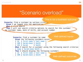 “Scenario overload”
34
Scenario: Find a customer by various criteria 
Given I am logged into the application 
When I click...