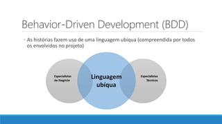 Behavior-Driven Development (BDD)
◦ As histórias fazem uso de uma linguagem ubíqua (compreendida por todos
os envolvidos no projeto)
 