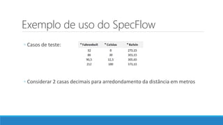 Exemplo de uso do SpecFlow
◦ Casos de teste:
◦ Considerar 2 casas decimais para arredondamento da distância em metros
 