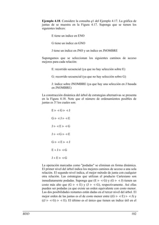Ejemplo 4.18. Considere la consulta q1 del Ejemplo 4.17. La gráfica de
      juntas de se muestra en la Figura 4.17. Suponga que se tienen los
      siguientes índices:

             E tiene un índice en ENO

             G tiene un índice en GNO

             J tiene un índice en JNO y un índice en JNOMBRE

      Supongamos que se seleccionan los siguientes caminos de acceso
      mejores para cada relación:

             E: recorrido secuencial (ya que no hay selección sobre E)

             G: recorrido secuencial (ya que no hay selección sobre G)

             J: índice sobre JNOMBRE (ya que hay una selección en J basada
             en JNOMBRE)

      La construcción dinámica del árbol de estrategias alternativas se presenta
      en la Figura 4.18. Note que el número de ordenamientos posibles de
      juntas es 3! los cuales son:

             E><G><J

             G><J><E

             J><E><G

             J><G><E

             G><E><J

             E×J><G

             J×E><G

      La operación marcadas como "podadas" se eliminan en forma dinámica.
      El primer nivel del árbol indica los mejores caminos de acceso a una sola
      relación. El segundo nivel indica, el mejor método de junta con cualquier
      otra relación. Las estrategias que utilizan el pruducto Cartesiano son
      inmediatamente podadas. Suponga que (E > < G) y (G > < J) tienen un
      costo más alto que (G > < E) y (J > < G), respectivamente. Así ellas
      pueden ser podadas ya que existe un orden equivalente con costo menor.
      Las dos posibilidades restantes están dadas en el tercer nivel del árbol. El
      mejor orden de las juntas es el de costo menor entre ((G > < E) > < J) y
      ((J > < G) > < E). El último es el único que tienen un índice útil en el



BDD                                                                           102
 