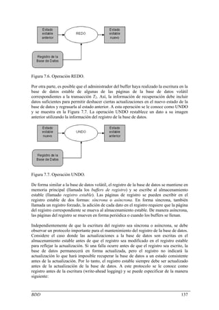 Figura 7.6. Operación REDO.

Por otra parte, es posible que el administrador del buffer haya realizado la escritura en la
base de datos estable de algunas de las páginas de la base de datos volátil
correspondientes a la transacción T2. Así, la información de recuperación debe incluir
datos suficientes para permitir deshacer ciertas actualizaciones en el nuevo estado de la
base de datos y regrasarla al estado anterior. A esta operación se le conoce como UNDO
y se muestra en la Figura 7.7. La operación UNDO restablece un dato a su imagen
anterior utilizando la información del registro de la base de datos.




Figura 7.7. Operación UNDO.

De forma similar a la base de datos volátil, el registro de la base de datos se mantiene en
memoria principal (llamada los buffers de registro) y se escribe al almacenamiento
estable (llamado registro estable). Las páginas de registro se pueden escribir en el
registro estable de dos formas: síncrona o asíncrona. En forma síncrona, también
llamada un registro forzado, la adición de cada dato en el registro requiere que la página
del registro correspondiente se mueva al almacenamiento estable. De manera asíncrona,
las páginas del registro se mueven en forma periódica o cuando los buffers se llenan.

Independientemente de que la escritura del registro sea síncrona o asíncrona, se debe
observar un protocolo importante para el mantenimiento del registro de la base de datos.
Considere el caso donde las actualizaciones a la base de datos son escritas en el
almacenamiento estable antes de que el registro sea modificado en el registro estable
para reflejar la actualización. Si una falla ocurre antes de que el registro sea escrito, la
base de datos permanecerá en forma actualizada, pero el registro no indicará la
actualización lo que hará imposible recuperar la base de datos a un estado consistente
antes de la actualización. Por lo tanto, el registro estable siempre debe ser actualizado
antes de la actualización de la base de datos. A este protocolo se le conoce como
registro antes de la escritura (write-ahead logging) y se puede especificar de la manera
siguiente:



BDD                                                                                     137
 