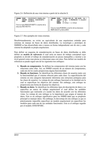 Figura 2.6. Definición de una vista interna a partir de la relación S.




Figura 2.7. Dos ejemplos de vistas externas.

Desafortunadamente, no existe un equivalente de una arquitectura estándar para
sistemas de manejo de bases de datos distribuidas. La tecnología y prototipos de
SMBDD se han desarrollado más o menos en forma independiente uno de otro y cada
sistema ha adoptado su propia arquitectura.

Para definir un esquema de estandarización en bases de datos distribuidas se debe
definir un modelo de referencia el cual sería un marco de trabajo conceptual cuyo
propósito es dividir el trabajo de estandarización en piezas manejables y mostrar a un
nivel general como esas piezas se relacionan unas con otras. Para definir ese modelo de
referencia se puede seguir uno de los siguientes tres enfoques:

   1. Basado en componentes. Se definen las componentes del sistema junto con las
      relaciones entre ellas. Así, un SMBD consiste de un número de componentes,
      cada uno de los cuales proporciona alguna funcionalidad.
   2. Basado en funciones. Se identifican las diferentes clases de usuarios junto con
      la funcionalidad que el sistema ofrecerá para cada clase. La especificación del
      sistema en esta categoría típicamente determina una estructura jerárquica para
      las clases de usuarios. La ventaja de este enfoque funcional es la claridad con la
      cual se especifican los objetivos del sistema. Sin embargo, este enfoque no
      proporciona una forma de alcanzar los objetivos.
   3. Basado en datos. Se identifican los diferentes tipos de descripción de datos y se
      especifica un marco de trabajo arquitectural el cual define las unidades
      funcionales que realizarán y/o usarán los datos de acuerdo con las diferentes
      vistas. La ventaja de este enfoque es la importancia que asigna al manejo de
      datos. Este es un enfoque significativo para los SMBD dado que su propósito
      principal es manejar datos. Sin embargo, la desventaja de este enfoque es que es
      prácticamente imposible especificar un modelo arquitectural sin especificar los
      modelos para cada una de sus unidades funcionales. Este es el enfoque seguido
      por el modelo ANSI/SPARC.




BDD                                                                                  23
 