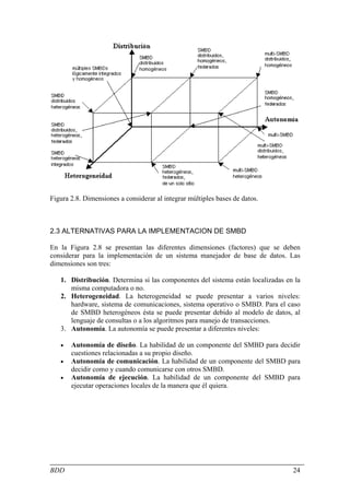 Figura 2.8. Dimensiones a considerar al integrar múltiples bases de datos.



2.3 ALTERNATIVAS PARA LA IMPLEMENTACION DE SMBD

En la Figura 2.8 se presentan las diferentes dimensiones (factores) que se deben
considerar para la implementación de un sistema manejador de base de datos. Las
dimensiones son tres:

   1. Distribución. Determina si las componentes del sistema están localizadas en la
      misma computadora o no.
   2. Heterogeneidad. La heterogeneidad se puede presentar a varios niveles:
      hardware, sistema de comunicaciones, sistema operativo o SMBD. Para el caso
      de SMBD heterogéneos ésta se puede presentar debido al modelo de datos, al
      lenguaje de consultas o a los algoritmos para manejo de transacciones.
   3. Autonomía. La autonomía se puede presentar a diferentes niveles:

   •   Autonomía de diseño. La habilidad de un componente del SMBD para decidir
       cuestiones relacionadas a su propio diseño.
   •   Autonomía de comunicación. La habilidad de un componente del SMBD para
       decidir como y cuando comunicarse con otros SMBD.
   •   Autonomía de ejecución. La habilidad de un componente del SMBD para
       ejecutar operaciones locales de la manera que él quiera.




BDD                                                                              24
 