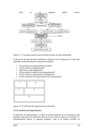 local          en          un           esquema            global          común.




Figura 3.1. El enfoque top-down para el diseño de bases de datos distribuidas.

El diseño de una base de datos distribuida, cualquiera sea el enfoque que se siga, debe
responder satisfactoriamente las siguientes preguntas:

   •   ¿Por qué hacer una fragmentación de datos?
   •   ¿Cómo realizar la fragmentación?
   •   ¿Qué tanto se debe fragmentar?
   •   ¿Cómo probar la validez de una fragmentación?
   •   ¿Cómo realizar el asignamiento de fragmentos?
   •   ¿Cómo considerar los requerimientos de la información?




Figura 3.2. El problema de fragmentación de relaciones.

3.3 El problema de fragmentación

El problema de fragmentación se refiere al particionamiento de la información para
distribuir cada parte a los diferentes sitios de la red, como se observa en la Figura 3.2.
Inmediatamente aparece la siguiente pregunta: ¿cuál es la unidad razonable de


BDD                                                                                    32
 