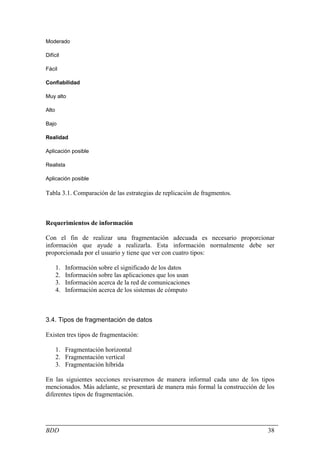 Moderado

Difícil

Fácil

Confiabilidad

Muy alto

Alto

Bajo

Realidad

Aplicación posible

Realista

Aplicación posible

Tabla 3.1. Comparación de las estrategias de replicación de fragmentos.



Requerimientos de información

Con el fin de realizar una fragmentación adecuada es necesario proporcionar
información que ayude a realizarla. Esta información normalmente debe ser
proporcionada por el usuario y tiene que ver con cuatro tipos:

       1.   Información sobre el significado de los datos
       2.   Información sobre las aplicaciones que los usan
       3.   Información acerca de la red de comunicaciones
       4.   Información acerca de los sistemas de cómputo



3.4. Tipos de fragmentación de datos

Existen tres tipos de fragmentación:

       1. Fragmentación horizontal
       2. Fragmentación vertical
       3. Fragmentación híbrida

En las siguientes secciones revisaremos de manera informal cada uno de los tipos
mencionados. Más adelante, se presentará de manera más formal la construcción de los
diferentes tipos de fragmentación.




BDD                                                                              38
 