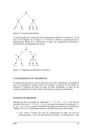 Figura 3.6. Fragmentación híbrida.

Un buen ejemplo de la necesidad de la fragmentación híbrida es la relación J, con la
cual se ha trabajado. En la Figura 3.7 se muestra el árbol de reconstrucción de la
fragmentación híbrida de J. Inicialmente se aplica una fragmentación horizontal y
posteriormente una fragmentación vertical.




Figura 3.7. Fragmentación híbrida de la relación J.



3.9 ASIGNAMIENTO DE FRAGMENTOS

El asignamiento de recursos entre los nodos de una red de computadoras es un problema
que se ha estudiado de manera extensa. Sin embargo, la mayoría de este trabajo no
considera el problema de diseño de bases de datos distribuidas, en lugar de eso
considera el problema de ubicar archivos individuales en redes de computadoras.



El problema de asignamiento

Suponga que hay un conjunto de fragmentos F = { F1, F2, ..., Fn } y una red que
consiste de los sitios S = { S1, S2, ..., Sm } en los cuales un conjunto de consultas Q = {
q1, q2, ..., qq } se van a ejecutar. El problema de asignamiento determina la distribución
"óptima" de F en S. La optimalidad puede ser definida de acuerdo a dos medidas:

   1. Costo mínimo. Consiste del costo de comunicación de datos, del costo de
      almacenamiento, y del costo procesamiento (lecturas y actualizaciones a cada



BDD                                                                                     61
 
