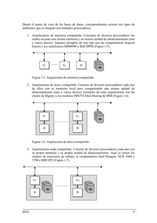Desde el punto de vista de las bases de datos, conceptualmente existen tres tipos de
ambientes que se integran con múltiples procesadores:

   1. Arquitecturas de memoria compartida. Consisten de diversos procesadores los
      cuales accesan una misma memoria y un misma unidad de almacenamiento (uno
      o varios discos). Algunos ejemplos de este tipo son las computadoras Sequent
      Encore y los mainframes IBM4090 y Bull DPS8 (Figura 1.5).




       Figura 1.5. Arquitectura de memoria compartida.

   2. Arquitecturas de disco compartido. Consiste de diversos procesadores cada uno
      de ellos con su memoria local pero compartiendo una misma unidad de
      almacenamiento (uno o varios discos). Ejemplos de estas arquitecturas son los
      cluster de Digital, y los modelos IMS/VS Data Sharing de IBM (Figura 1.6).




       Figura 1.6. Arquitectura de disco compartido.

   3. Arquitecturas nada compartido. Consiste de diversos procesadores cada uno con
      su propia memoria y su propia unidad de almacenamiento. Aquí se tienen los
      clusters de estaciones de trabajo, la computadoras Intel Paragon, NCR 3600 y
      3700 e IBM SP2 (Figura 1.7).




BDD                                                                               9
 