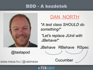 BDD - A kezdetek
www.meza.hu | @vsbmeza
DAN NORTH
@tastapod
"A test class SHOULD do
something!"
"Let's replace JUnit with
JBehave!"
JBehave RBehave RSpec
Cucumber
 