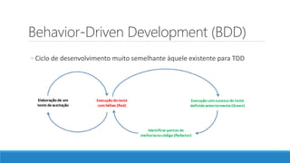 Behavior-Driven Development (BDD)
◦ Ciclo de desenvolvimento muito semelhante àquele existente para TDD
 