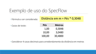 Exemplo de uso do SpecFlow
◦ Fórmula a ser considerada:
◦ Casos de teste:
◦ Considerar 4 casas decimais para arredondamento da distância em metros
Distância em m = Pés * 0,3048
 