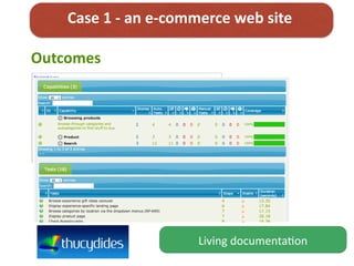 Case	
  1	
  -­‐	
  an	
  e-­‐commerce	
  web	
  site
Outcomes
Living	
  documenta;on
 