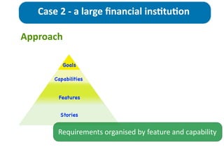 Approach
Case	
  2	
  -­‐	
  a	
  large	
  ﬁnancial	
  ins>tu>on
Stories
Features
Capabilities
Goals
Requirements	
  organised	
  by	
  feature	
  and	
  capability
 