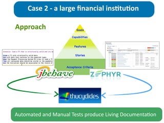 Approach
Case	
  2	
  -­‐	
  a	
  large	
  ﬁnancial	
  ins>tu>on
Stories
Features
Capabilities
Goals
Automated	
  and	
  Manual	
  Tests	
  produce	
  Living	
  Documenta;on	
  
Acceptance Criteria
 