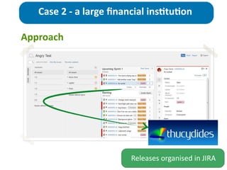 Approach
Case	
  2	
  -­‐	
  a	
  large	
  ﬁnancial	
  ins>tu>on
Releases	
  organised	
  in	
  JIRA
 