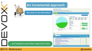An incremental approach 
“But 
what 
are 
the 
deliverables? 
…and 
targeted 
automated 
regression 
tests 
#DV14 #bddinaction @wakaleo 
 