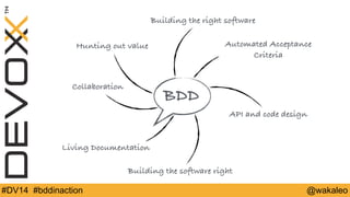 Building the right software 
Hunting out value Automated Acceptance 
BDD 
Criteria 
API and code design 
Collaboration 
Living Documentation 
Building the software right 
#DV14 #bddinaction @wakaleo 
 