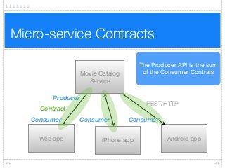 Micro-service Contracts
REST/HTTP
Movie Catalog
Service
Web app iPhone app Android app
Consumer
Producer
Consumer Consumer
Contract
The Producer API is the sum
of the Consumer Contrats
 