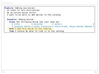 Feature: Adding new movies 
In order to sell more movies 
As an online movie seller 
I want to be able to add movies to the catalog 
 
Scenario: Adding movies 
Given the following movie has just come out 
| title | director | actors | 
| Jurassic World | Colin Trevorrow | Chris Pratt, Bryce Dallas Howard | 
When I add this movie to the catalog 
Then I should be able to find it in the catalog
 