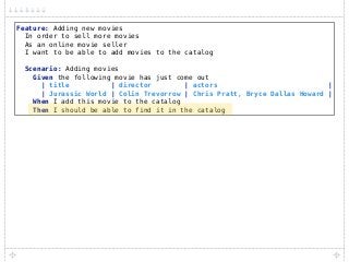 Feature: Adding new movies 
In order to sell more movies 
As an online movie seller 
I want to be able to add movies to the catalog 
 
Scenario: Adding movies 
Given the following movie has just come out 
| title | director | actors | 
| Jurassic World | Colin Trevorrow | Chris Pratt, Bryce Dallas Howard | 
When I add this movie to the catalog 
Then I should be able to find it in the catalog
 