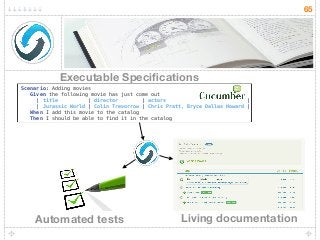 65
Scenario: Adding movies 
Given the following movie has just come out 
| title | director | actors | 
| Jurassic World | Colin Trevorrow | Chris Pratt, Bryce Dallas Howard | 
When I add this movie to the catalog 
Then I should be able to find it in the catalog
Executable Speciﬁcations
Automated tests Living documentation
 