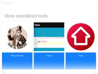 The testing pyramid End-to-End
Tests
Movie Catalog
Service
Authentication
Service
Shopping Cart
Service
Delivery
Service
Payment
Service
Event Bus
 