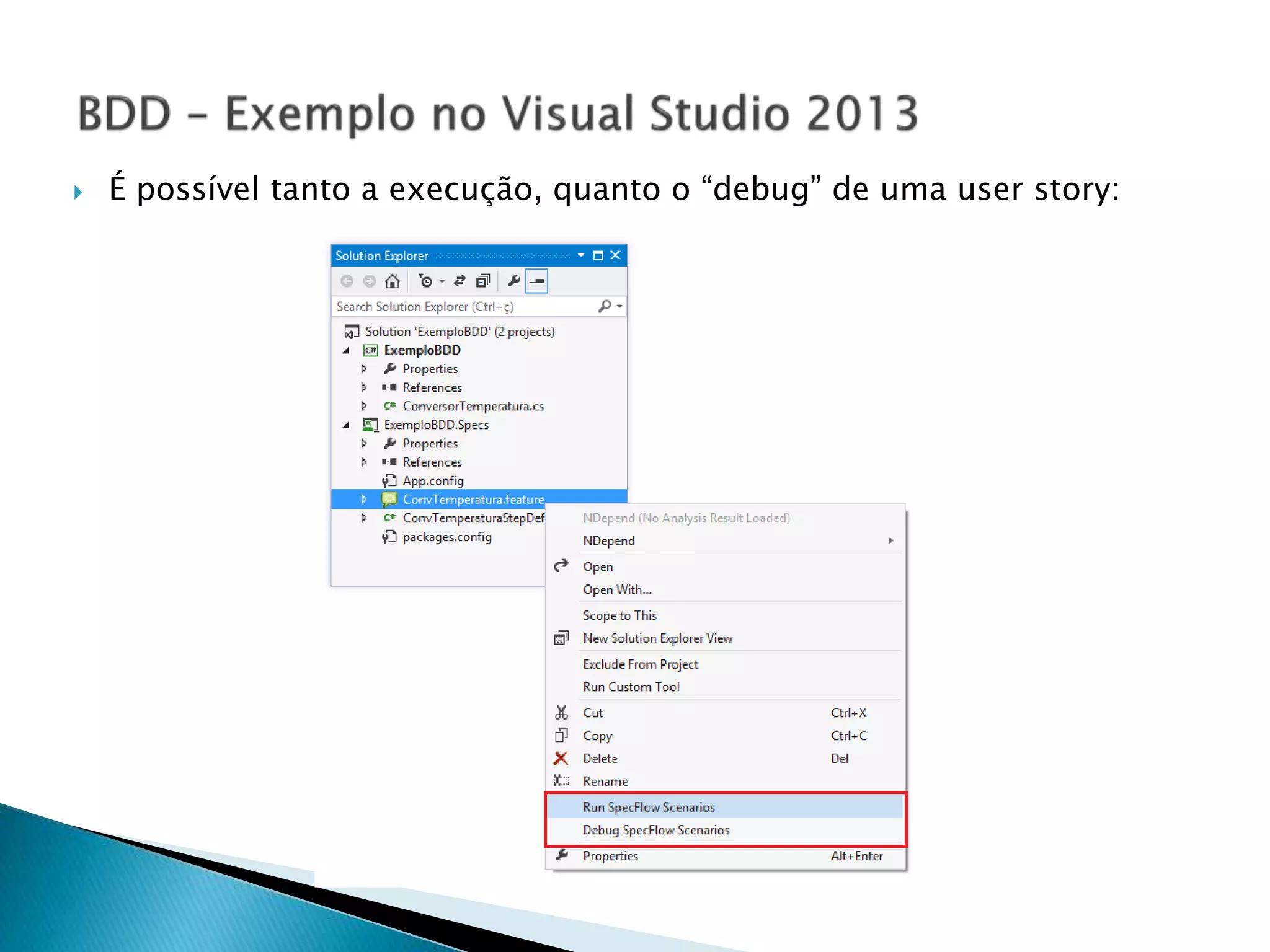  É possível tanto a execução, quanto o “debug” de uma user story:
 