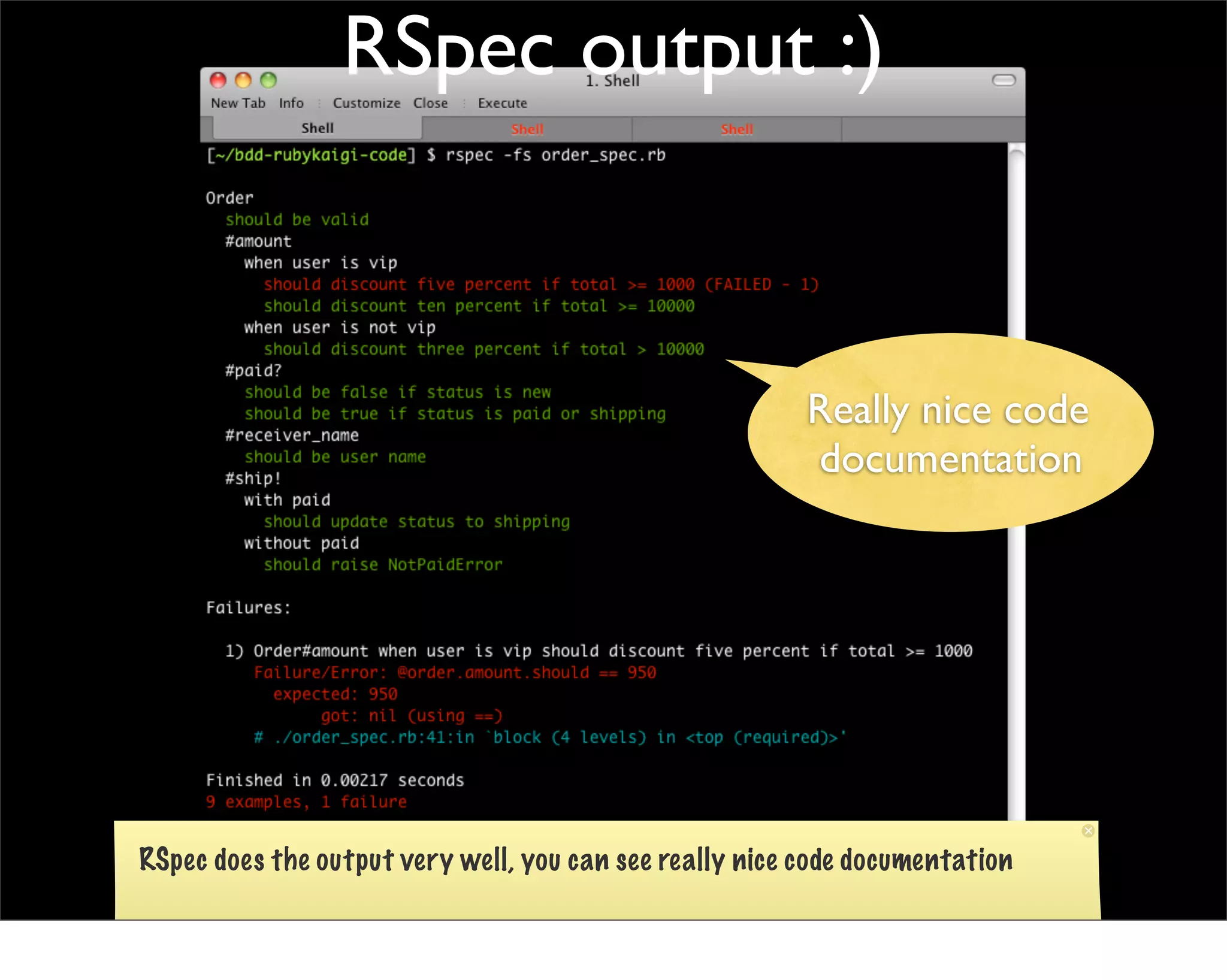 RSpec output :)
              Output (rspec)

                                                         Really nice code
                                                         documentation




RSpec does the output very well, you can see really nice code documentation
 