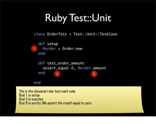 Ruby Test::Unit
          class OrderTest < Test::Unit::TestCase

           def setup
         1   @order = Order.new
           end

             def test_order_amount
               assert_equal 0, @order.amount
             end     3                2

          end

The is the classical ruby test::unit code
Red 1 is setup
Red 2 is exercise
Red 3 is verify. We assert the result equal to zero
 