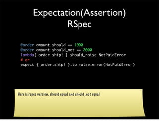 Expectation(Assertion)
                  RSpec
 @order.amount.should == 1900
 @order.amount.should_not == 2000
 lambda{ or...