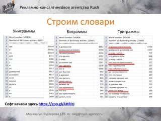 Рекламно-консалтинговое агентство Rush
Москва ул. Бутлерова 17б m: oleg@rush-agency.ru
Строим словари
Униграммы Биграммы Триграммы
Софт качаем здесь https://goo.gl/AHRitJ
 