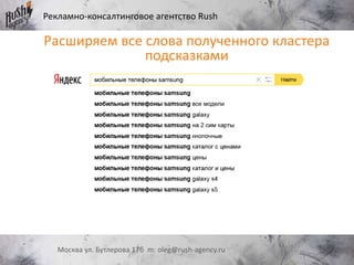 Рекламно-консалтинговое агентство Rush
Москва ул. Бутлерова 17б m: oleg@rush-agency.ru
Расширяем все слова полученного кластера
подсказками
 
