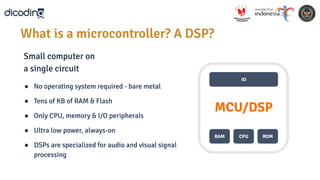 ● No operating system required - bare metal
● Tens of KB of RAM & Flash
● Only CPU, memory & I/O peripherals
● Ultra low power, always-on
● DSPs are specialized for audio and visual signal
processing
Small computer on
a single circuit
IO
RAM CPU ROM
MCU/DSP
What is a microcontroller? A DSP?
 