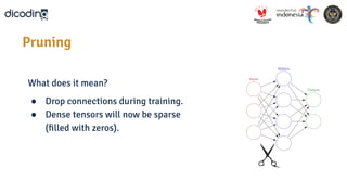 What does it mean?
● Drop connections during training.
● Dense tensors will now be sparse
(ﬁlled with zeros).
Pruning
 