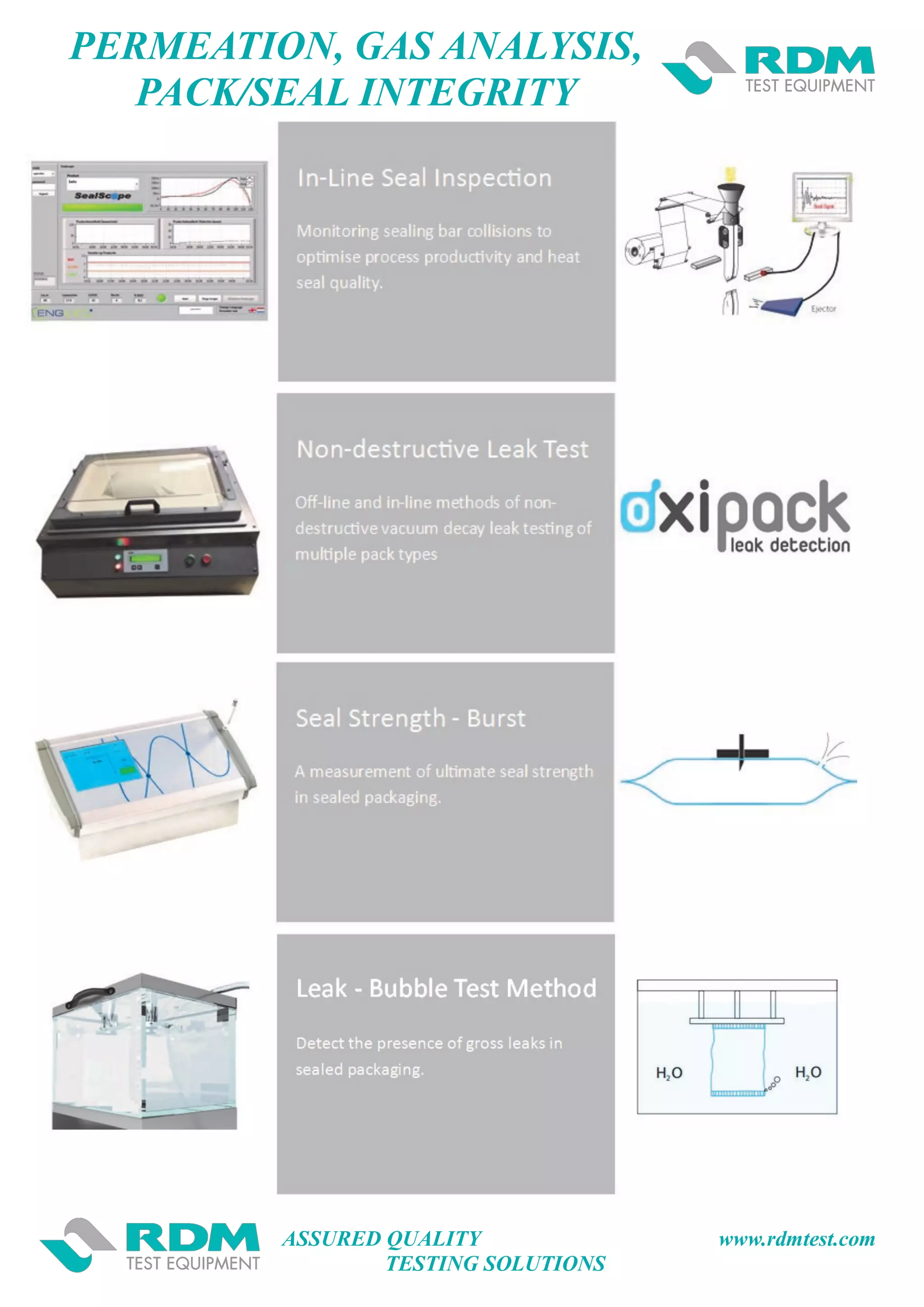 ASSURED QUALITY www.rdmtest.com
TESTING SOLUTIONS
PERMEATION, GAS ANALYSIS,
PACK/SEAL INTEGRITY
 