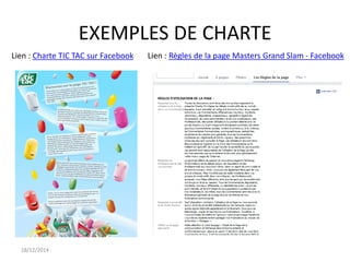 EXEMPLES DE CHARTE
18/12/2014
Lien : Charte TIC TAC sur Facebook Lien : Règles de la page Masters Grand Slam - Facebook
 