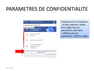 PARAMETRES DE CONFIDENTIALITE
18/12/2014
Emplacement sur Facebook
: le petit cadenas à droite
Pour régler tous les
paramètres, aller dans
« Affichez plus de
paramètres » (flèche rouge)
 