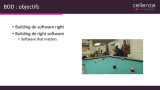 BDD : objectifs
• Building de software right
• Building de right software
• Software that matters
 