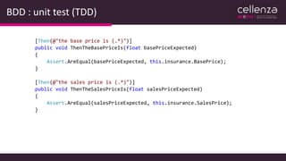 BDD : unit test (TDD)
[Then(@"the base price is (.*)")]
public void ThenTheBasePriceIs(float basePriceExpected)
{
Assert.AreEqual(basePriceExpected, this.insurance.BasePrice);
}
[Then(@"the sales price is (.*)")]
public void ThenTheSalesPriceIs(float salesPriceExpected)
{
Assert.AreEqual(salesPriceExpected, this.insurance.SalesPrice);
}
 