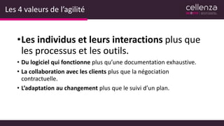 Les 4 valeurs de l’agilité
•Les individus et leurs interactions plus que
les processus et les outils.
• Du logiciel qui fonctionne plus qu’une documentation exhaustive.
• La collaboration avec les clients plus que la négociation
contractuelle.
• L’adaptation au changement plus que le suivi d’un plan.
 