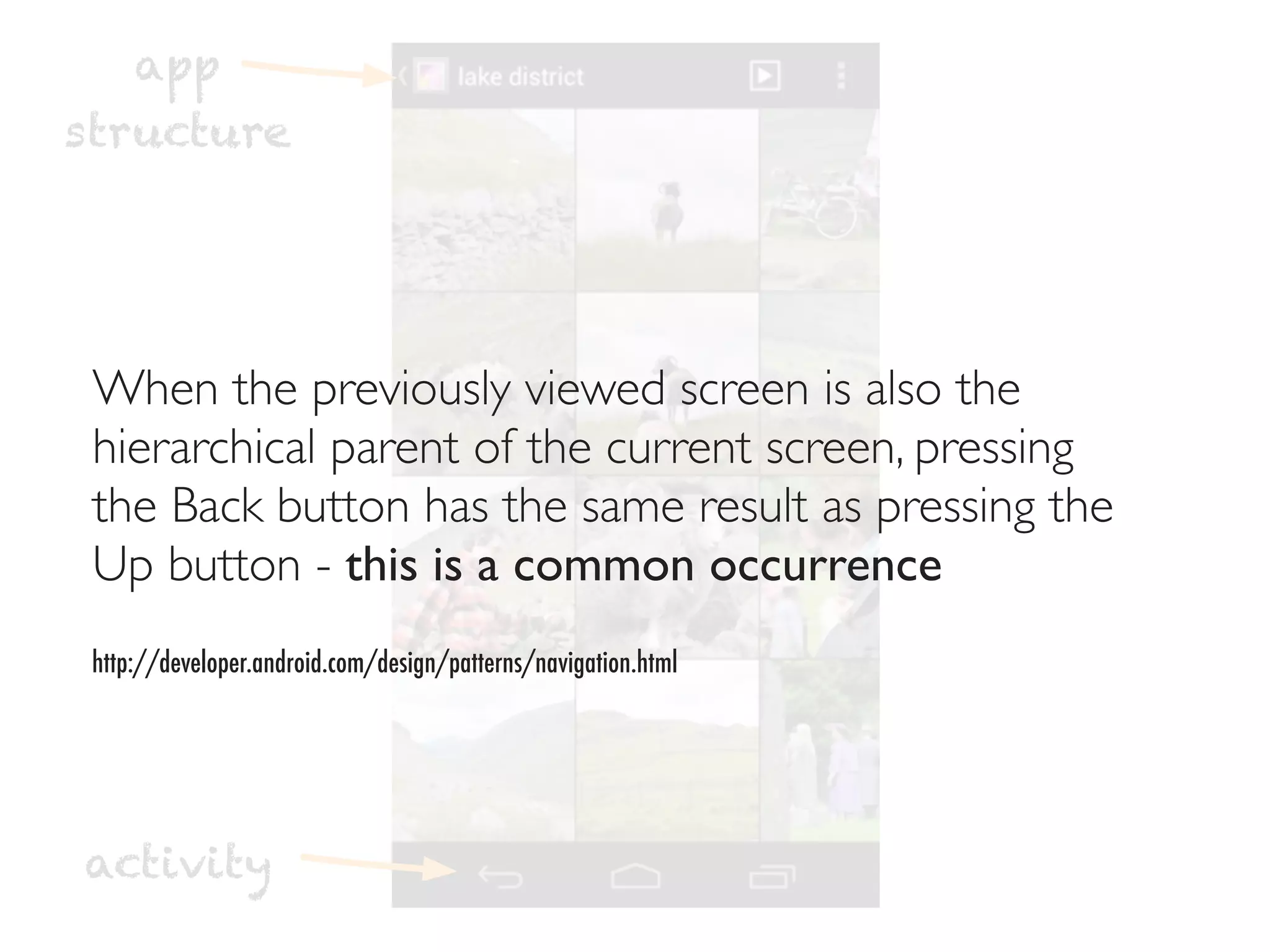 app
structure




 When the previously viewed screen is also the
 hierarchical parent of the current screen, pressing
 the Back button has the same result as pressing the
 Up button - this is a common occurrence
 http://developer.android.com/design/patterns/navigation.html




activity
 