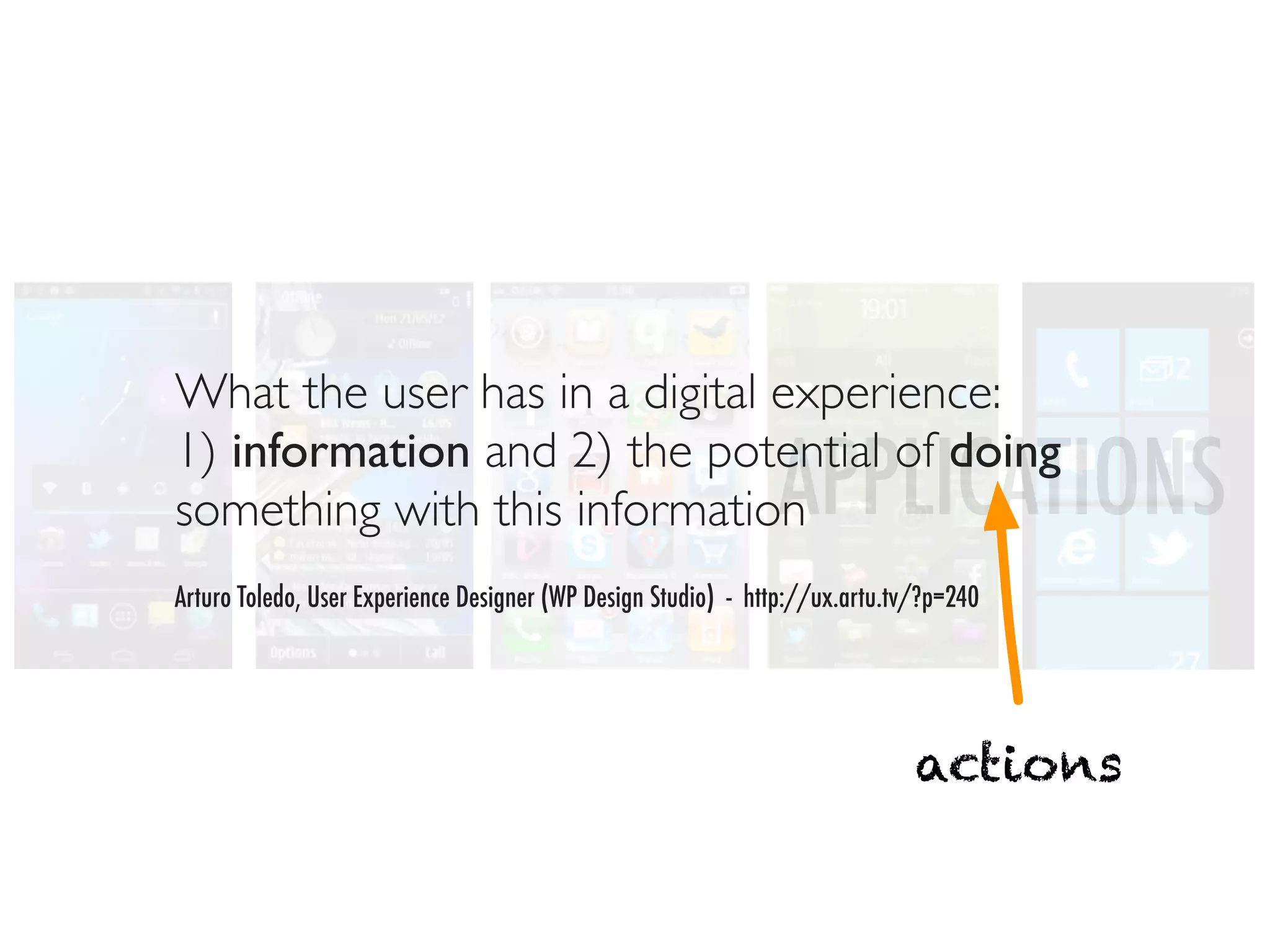 What the user has in a digital experience:
1) information and 2) the potential of doing
something with this information                                APPLICATIONS
Arturo Toledo, User Experience Designer (WP Design Studio) - http://ux.artu.tv/?p=240




                                                                              actions
 