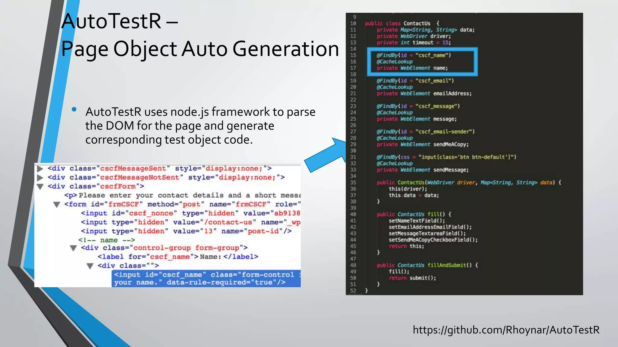 AutoTestR –
Page ObjectAuto Generation
• AutoTestR uses node.js framework to parse
the DOM for the page and generate
corresponding test object code.
https://github.com/Rhoynar/AutoTestR
 